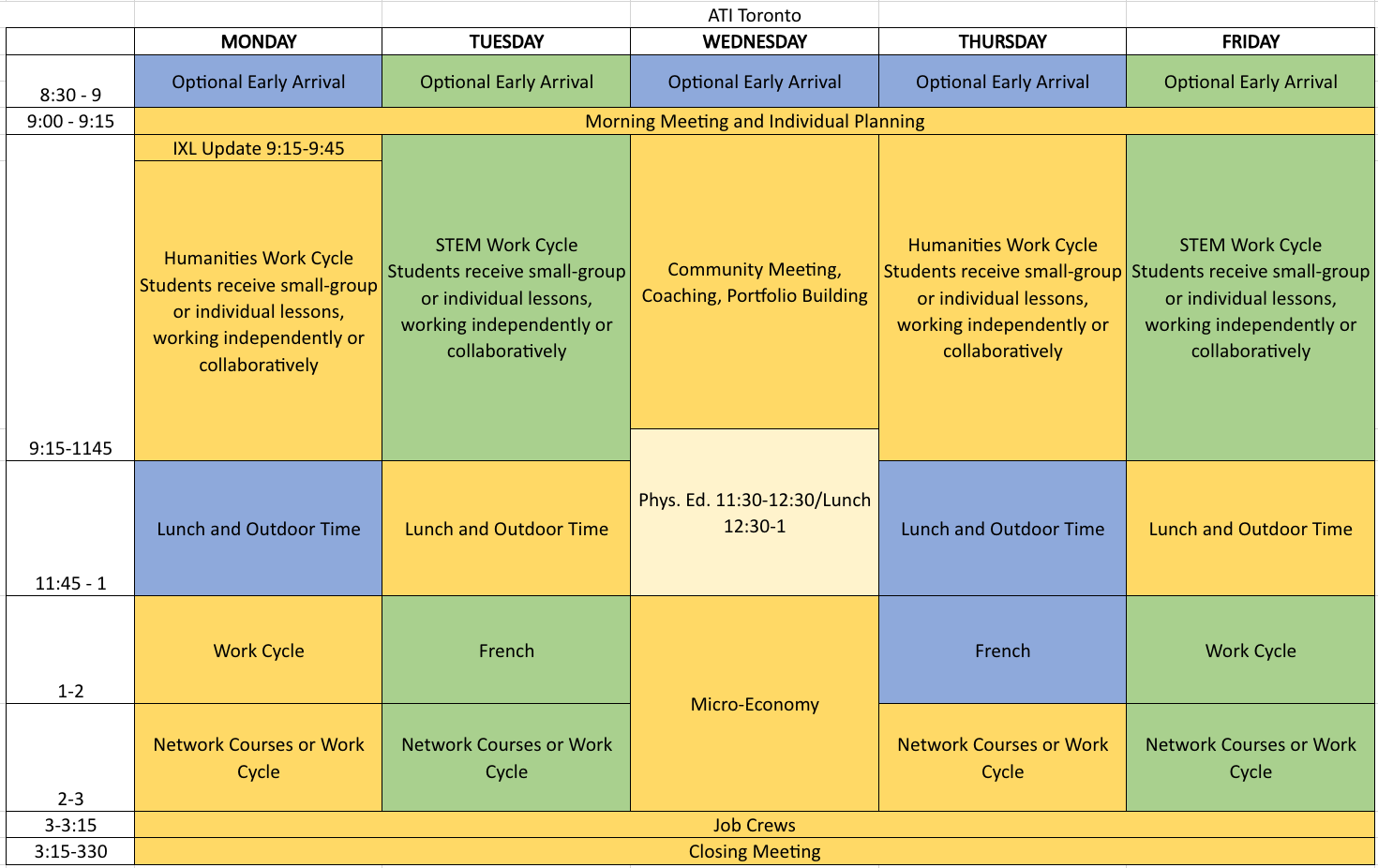 Sample ATI Toronto Middle School Schedule